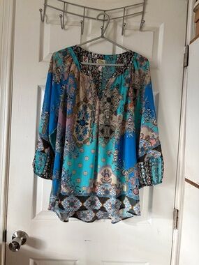 fig and flower Turquoise/Blue Printed Peasant Semi Sheer Balloons Sleeve Blouse
